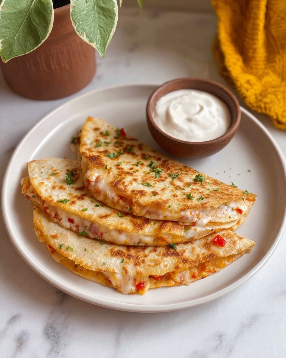 Three golden-brown quesadilla halves are stacked slightly overlapping on a white plate on a white marbled surface. The quesadillas have a toasted texture with small green herb bits sprinkled on top. The edges show melted cheese mixed with small pieces of red pepper peeking out. A small brown bowl filled with smooth white sour cream sits on the plate near the quesadillas. In the background, part of a brown plant pot with green leaves and a yellow cloth are visible. Photo taken with an iphone --ar 4:5 --v 7