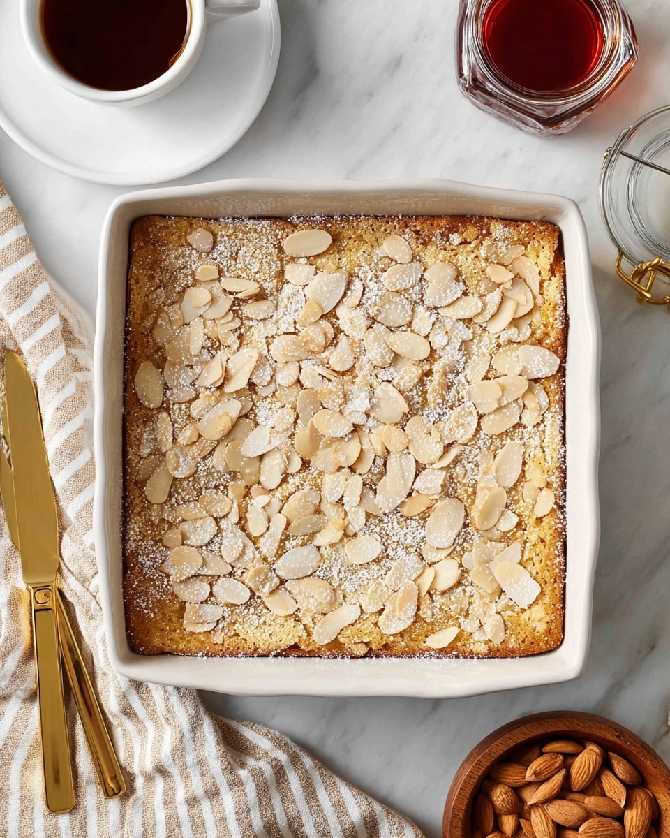 A square white ceramic baking dish holds a single-layer golden-brown baked dessert topped evenly with thin, light beige almond slices and a light dusting of powdered sugar, giving a textured, slightly crunchy look. The dish is placed on a white marbled surface. Around it, there is a cup of coffee in a white cup slightly visible at the top left, a white saucer with a small glass jar filled with dark amber liquid on the top right, a gold knife on the bottom left next to a striped beige and white cloth, and a small wooden bowl filled with extra almond slices on the bottom right. The photo taken with an iphone --ar 4:5 --v 7
