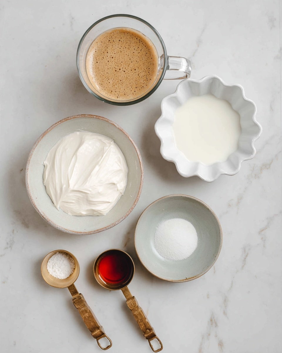 The image shows six containers with various ingredients arranged on a white marbled surface. At the top left, there is a clear glass cup filled with light brown coffee with foam on top. To the right, a white scalloped bowl holds a smooth white liquid. Below the glass cup, a white bowl contains a thick, creamy white substance. To the right of that, a smaller light gray bowl holds a thin, white liquid. At the bottom, there are two brass measuring spoons with wooden handles; the larger one contains a white powder, and the smaller one has a dark amber liquid. Photo taken with an iphone --ar 4:5 --v 7