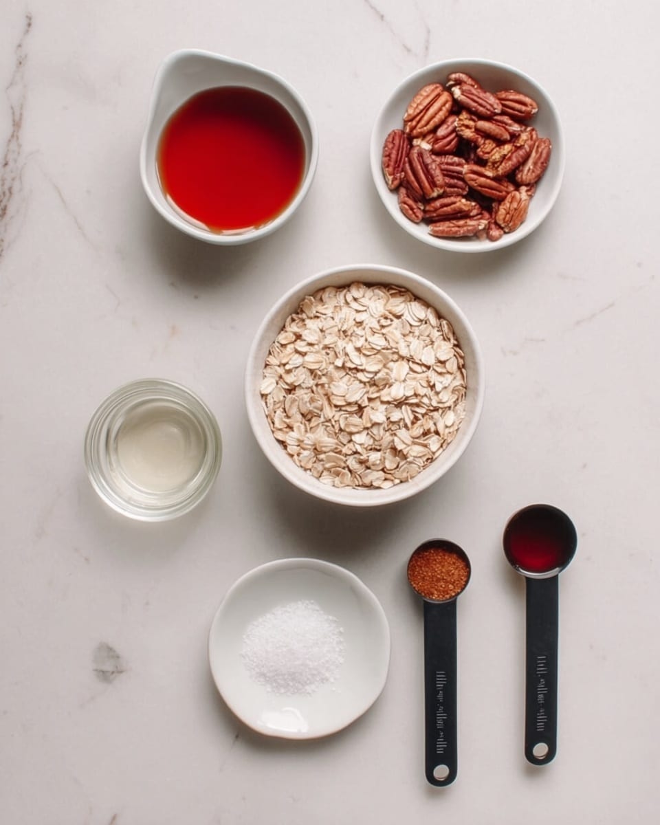 Six white bowls and spoons are placed on a white marbled surface. The largest bowl in the center holds pale beige rolled oats with a rough texture. Above it to the left is a bowl of smooth, glossy red syrup. To the right of the oats is a bowl with medium brown whole pecans showing their uneven, wrinkled texture. Below the oats is a small plate of fine, white salt. To the left of the salt is a small bowl of clear, smooth liquid, likely oil. Two black measuring spoons are to the right of the salt and bowl of liquid, one with a light brown powder of cinnamon and the other with dark brown, shiny molasses. The items are evenly spaced on the white marbled surface. Photo taken with an iphone --ar 4:5 --v 7