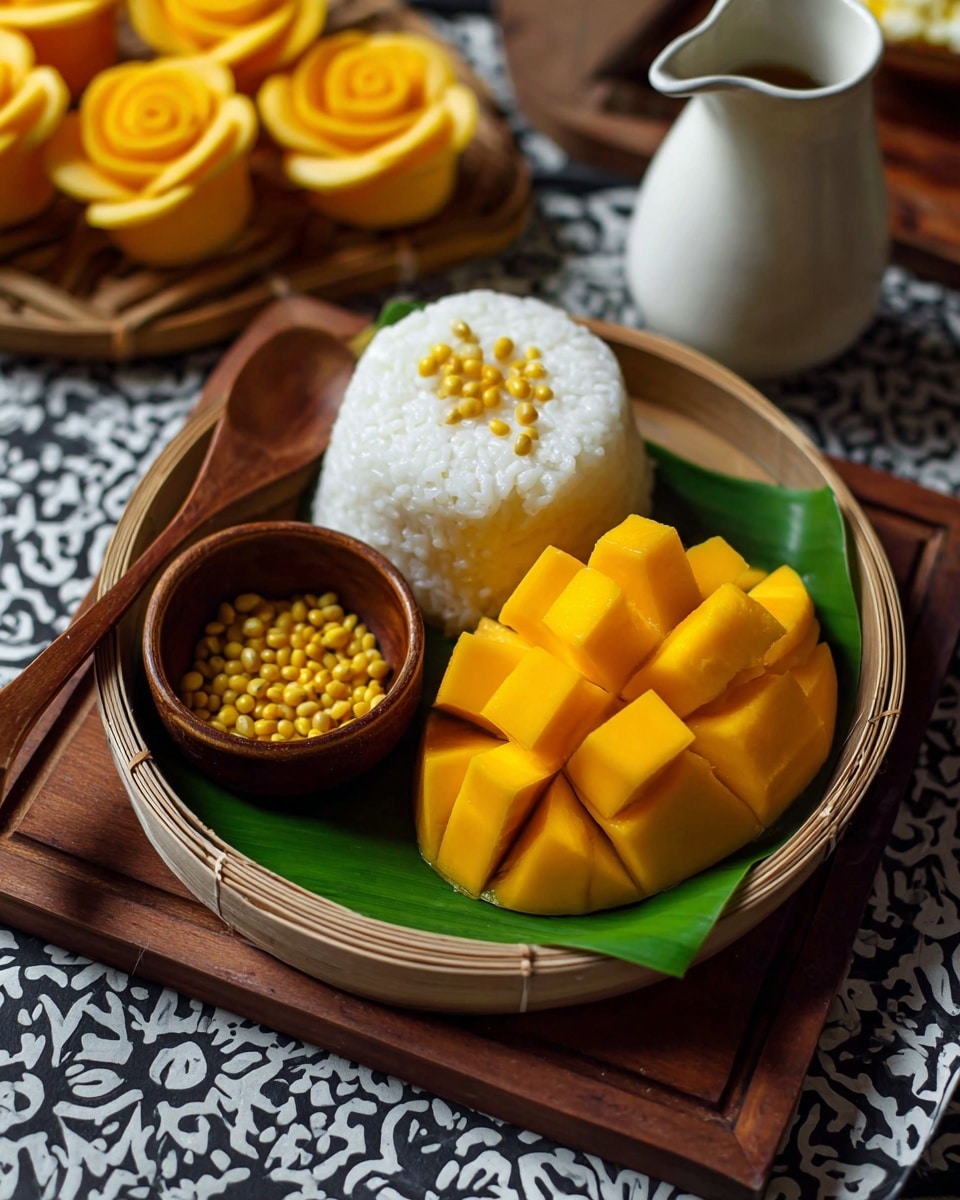 A round white woven basket holds a dark green banana leaf with a serving of sticky rice and mango slices. The sticky rice is shaped into a neat dome, topped with a white creamy sauce and sprinkled with small yellow beans. To the left of the rice, mango slices are curled into rose shapes in various sizes, bright orange and smooth. A wooden spoon with a warm brown tone rests on the banana leaf to the right. The basket sits on a dark wooden board, part of a white marbled surface with soft patterns visible underneath. Photo taken with an iphone --ar 4:5 --v 7