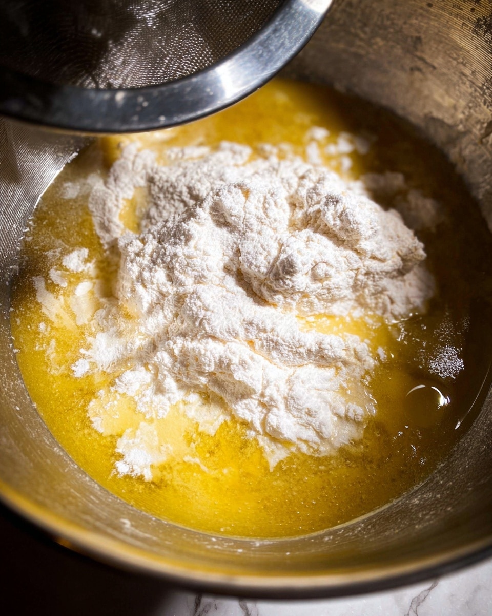 A close-up image inside a silver mixing bowl shows three main layers: at the bottom is a shiny yellow liquid layer, above it are scattered patches of white flour with a soft powdery texture, and on top left, part of a metal sifter is visible as if in the process of adding more flour. The mixing bowl reflects light and the scene has a bright and slightly warm tone, with a white marbled surface partly visible underneath. Photo taken with an iphone --ar 4:5 --v 7