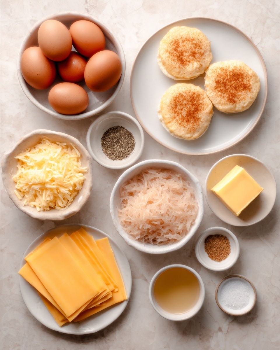 The image shows several small white bowls and plates arranged on a white marbled surface. There are seven brown eggs in a white bowl at the top left. To the right, a white plate holds three English muffins, each split in half and topped with a light brown powder. Below the eggs, there is a small white bowl with a dark seasoning mix, and to its right, a small white dish contains a yellow square of butter. In the center is a white bowl filled with a light pink shredded ingredient, and near it, a small white bowl contains a light golden liquid. At the bottom left, a white plate holds six yellow cheese slices, neatly stacked. Several small white bowls containing cream, seasoning, and salt are scattered around, all placed on the white marbled surface. Photo taken with an iphone --ar 4:5 --v 7
