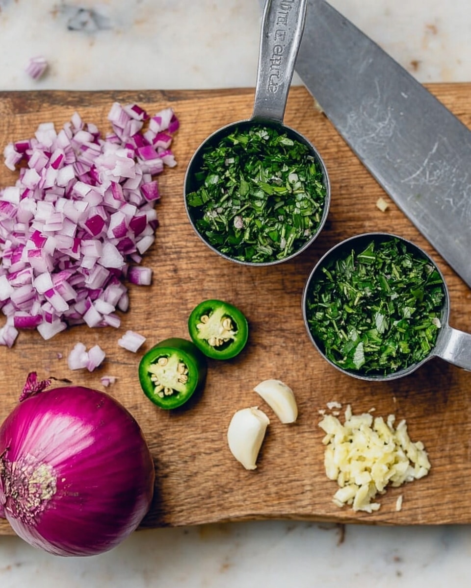 The image shows a wooden cutting board on a white marbled surface, with half a red onion and small piles of diced red onion on the left side. Two metal measuring cups filled with finely chopped green herbs are placed near the center, with the smaller cup slightly in front of the bigger one. Below the cups are two halves of a green chili pepper with visible seeds, and a small pile of minced pale yellow garlic. A large kitchen knife with a dull silver blade rests on the right edge of the board. Photo taken with an iphone --ar 4:5 --v 7