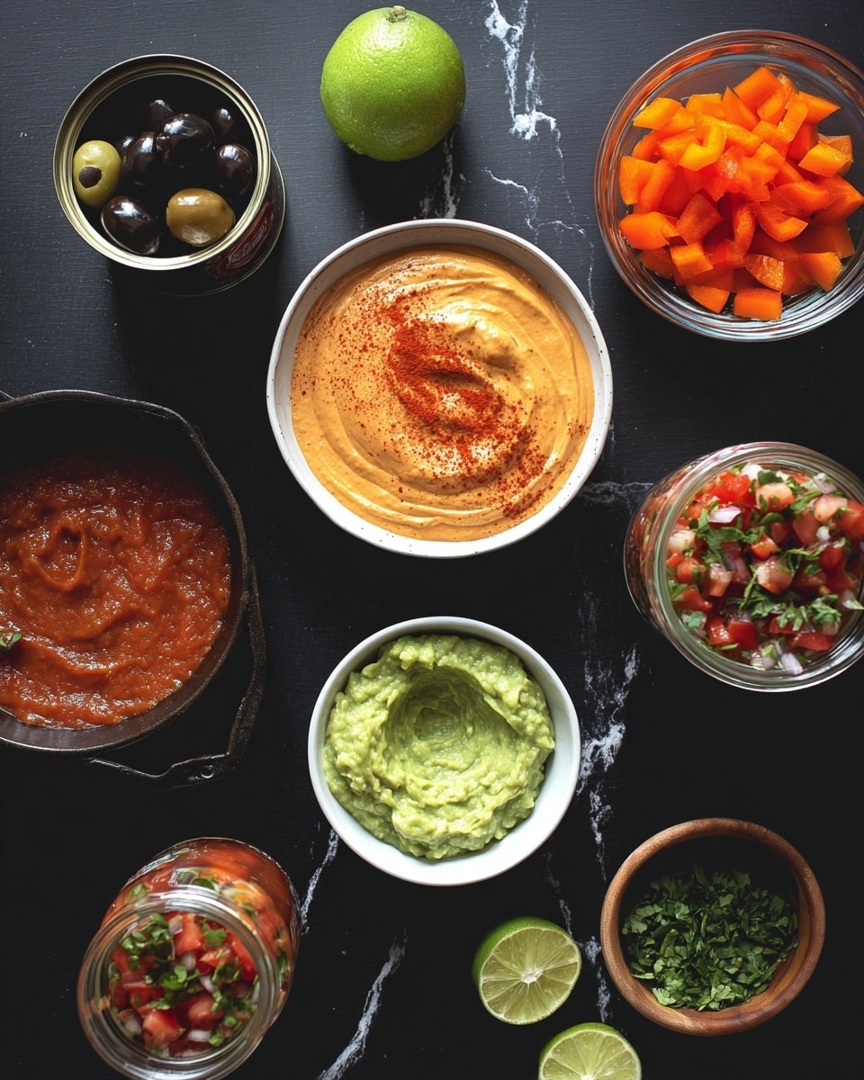 A top-down view of different small dishes and ingredients arranged on a black surface swapped to white marbled texture, with a white bowl of orange creamy sauce with red powder sprinkled on top at center; to its left, an open can with small dark olives; above it, half a bright green lime; to the right of the lime, a clear glass bowl filled with chopped orange bell peppers; below the lime, a small wooden bowl with chopped green herbs scattered around; below this, a white bowl of green mashed avocado; to the bottom left, a black cast iron pan filled with thick reddish sauce; next to it, a jar of fresh salsa with chopped red tomatoes, onions, and green herbs visible inside. photo taken with an iphone --ar 4:5 --v 7