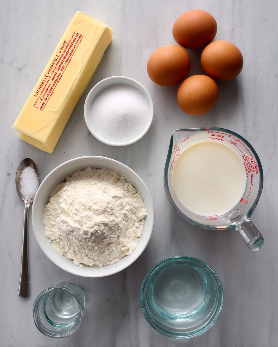 The image shows six cooking ingredients neatly arranged on a white marbled surface. There are four brown eggs grouped together near the center. Below them is a white bowl filled with white flour that has a slightly rough texture. To the left of the eggs is a stick of yellow unsalted butter with red and black text on its wrapper. Above the eggs is a small white bowl holding granulated white sugar. To the right of the sugar is a clear glass measuring cup filled with white milk, with red measurement markings on the side. Below this cup is another clear glass measuring cup with a small amount of water inside, also with red measurement markings. A metallic teaspoon with white salt sits on the far left next to the sugar bowl. photo taken with an iphone --ar 4:5 --v 7
