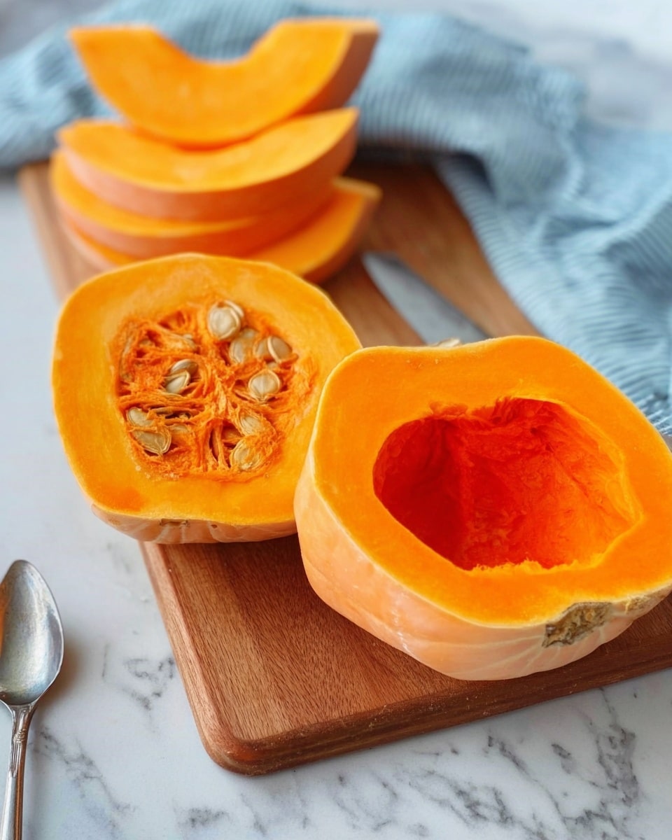 The image shows a close-up of a sliced bright orange squash on a wooden cutting board placed on a white marbled surface. One squash piece is cut in half horizontally, revealing bright orange flesh and seeds inside with a rough texture in the middle. Another piece nearby displays a hollowed-out cavity where the seeds were removed, showing a smooth edge and vibrant orange color. Behind these sections are several pumpkin slices stacked, showing their thick, smooth, pale orange outer skin and vibrant flesh inside. A woman's hand is partially visible near the edges of the cutting board, and a metal spoon and a light blue striped cloth lie in the background. photo taken with an iphone --ar 4:5 --v 7