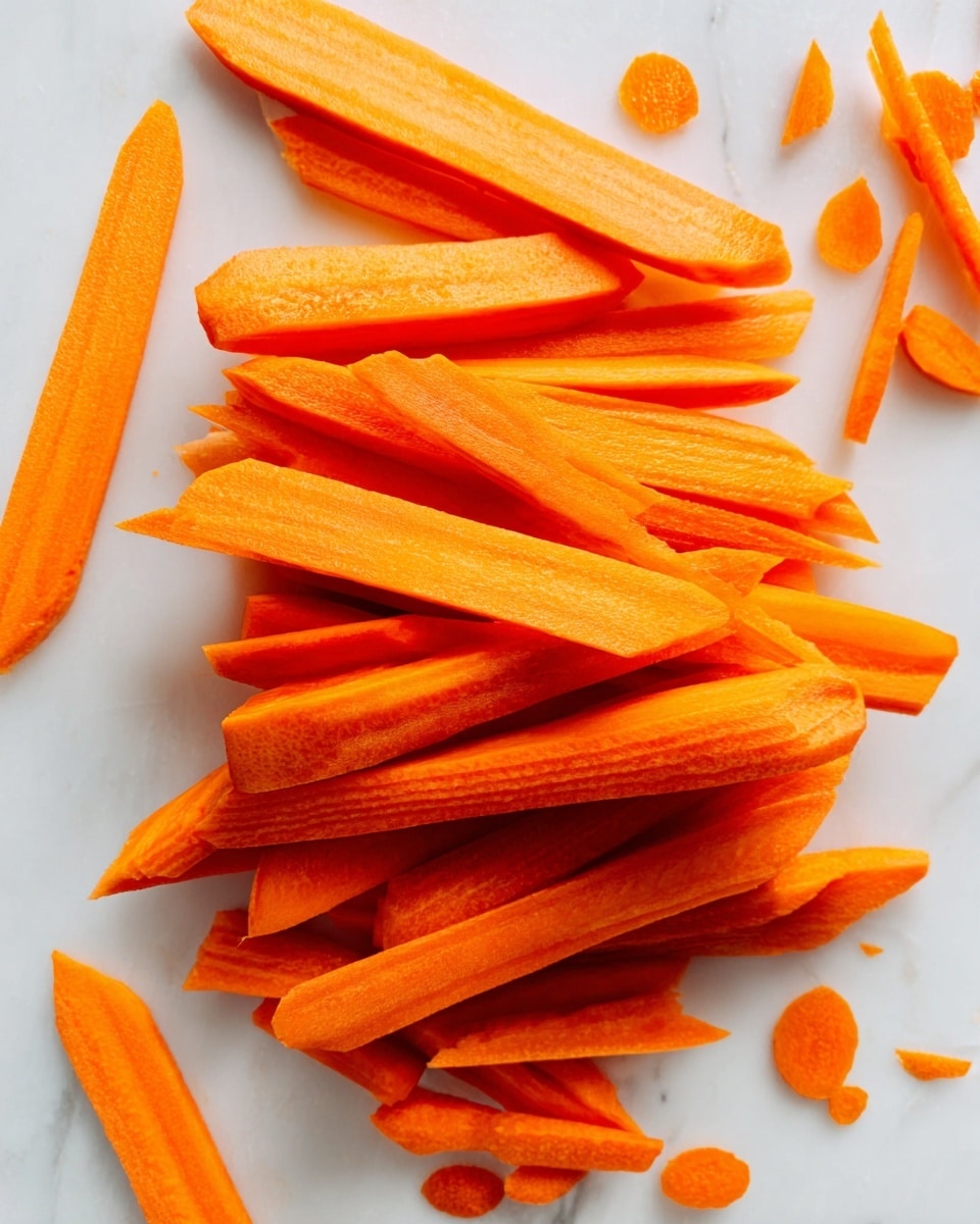 The image shows many pieces of orange carrot sticks with different thicknesses and lengths spread over a white marbled surface. The sticks are layered in a loose pile with some lying flat and others stacked slightly on top, creating varied shadows and angles. A few thin carrot slices and elongated peels are scattered around the pile. The bright orange color of the carrot stands out against the smooth, light background. photo taken with an iphone --ar 4:5 --v 7
