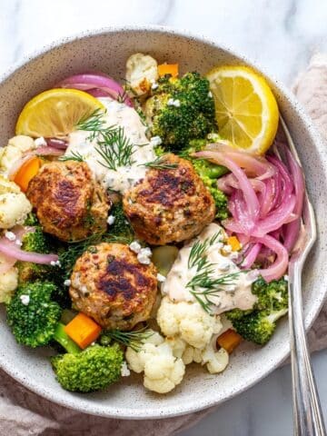 Sheet Pan Mediterranean Turkey Meatball Bowls with Roasted Vegetables Recipe