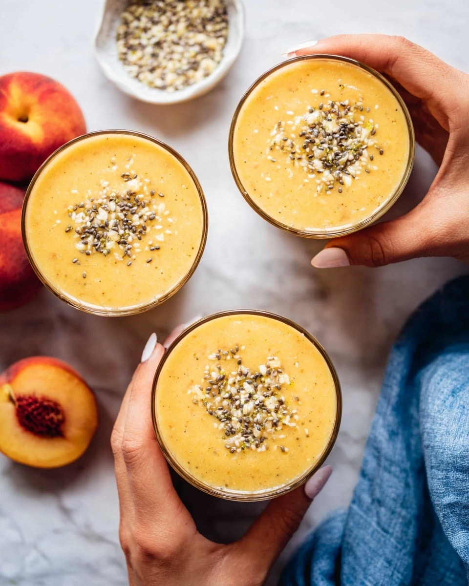 Three clear glasses filled with a smooth, bright yellow smoothie topped with small white and black seeds are placed on a white marbled surface. Two ripe, red and yellow peaches sit to the side, close to a small white bowl holding more seeds. Two woman's hands are holding two of the glasses, showing nails painted white. A blue cloth is partly visible near the bottom right corner. The image has a clean and fresh feel, focus on the layered colors and textures. photo taken with an iphone --ar 4:5 --v 7