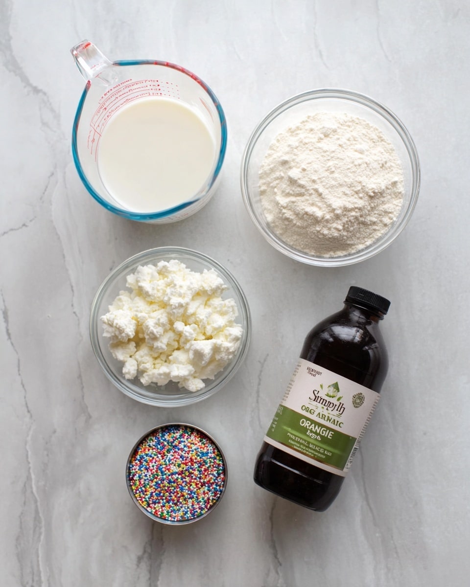 The image shows five ingredients on a white marbled surface, arranged neatly. At the top left, there is a clear glass measuring cup filled with milk. Below it to the left, there is a small clear bowl filled with white cottage cheese. To the right of the cottage cheese, there is another small clear bowl filled with a light-colored flour mixture. At the bottom right, there is a dark brown bottle labeled