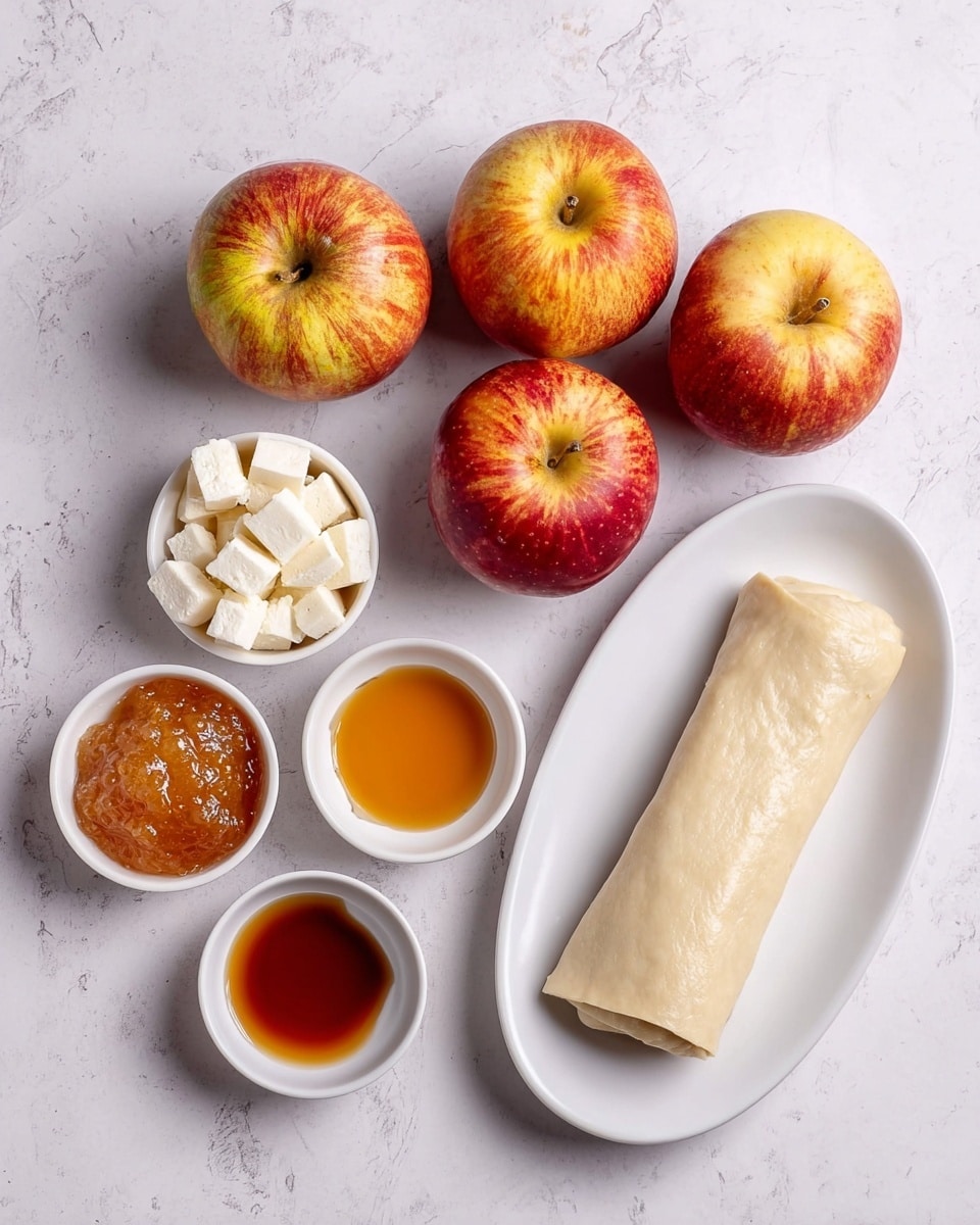 The image shows ingredients for a dessert laid out on a white marbled surface. There are four whole apples at the top center, with mixed red and yellow skin. Below them, from left to right, are small white bowls holding cubed white cheese, light brown sugar, and orange jam with a shiny texture. There are two smaller containers holding a dark amber liquid and a clear light liquid. On the right side, a white oval plate holds a folded pale dough sheet with a smooth surface. The composition looks neat and organized. photo taken with an iphone --ar 4:5 --v 7