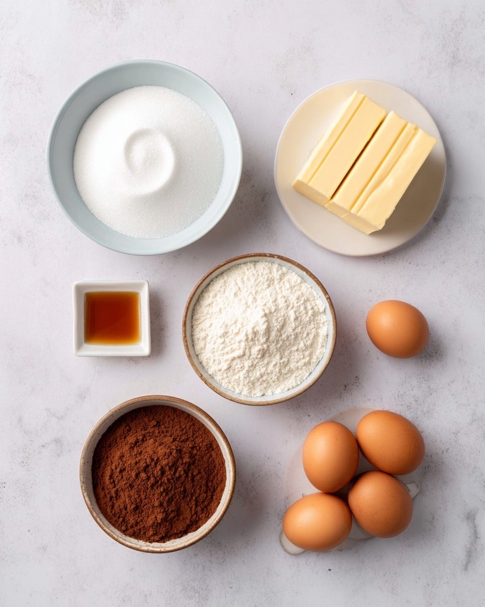 The image shows six main cooking ingredients arranged on a white marbled surface. On the top left is a round bowl filled with white granulated sugar, its surface smooth with gentle swirls. Below it is a smaller round bowl of white flour, finely textured. To the right of both bowls, near the center, is a small round bowl filled with brown cocoa powder with a dry and slightly powdery look. Above the cocoa powder bowl is a tiny square dish holding a small amount of clear, amber-colored vanilla extract. To the top right, a white plate holds two rectangular sticks of pale yellow butter. Near the lower right side, four whole brown eggs are grouped closely together, their smooth shells shiny. The ingredients are photographed on a clean, white marbled surface, with soft, even lighting. photo taken with an iphone --ar 4:5 --v 7