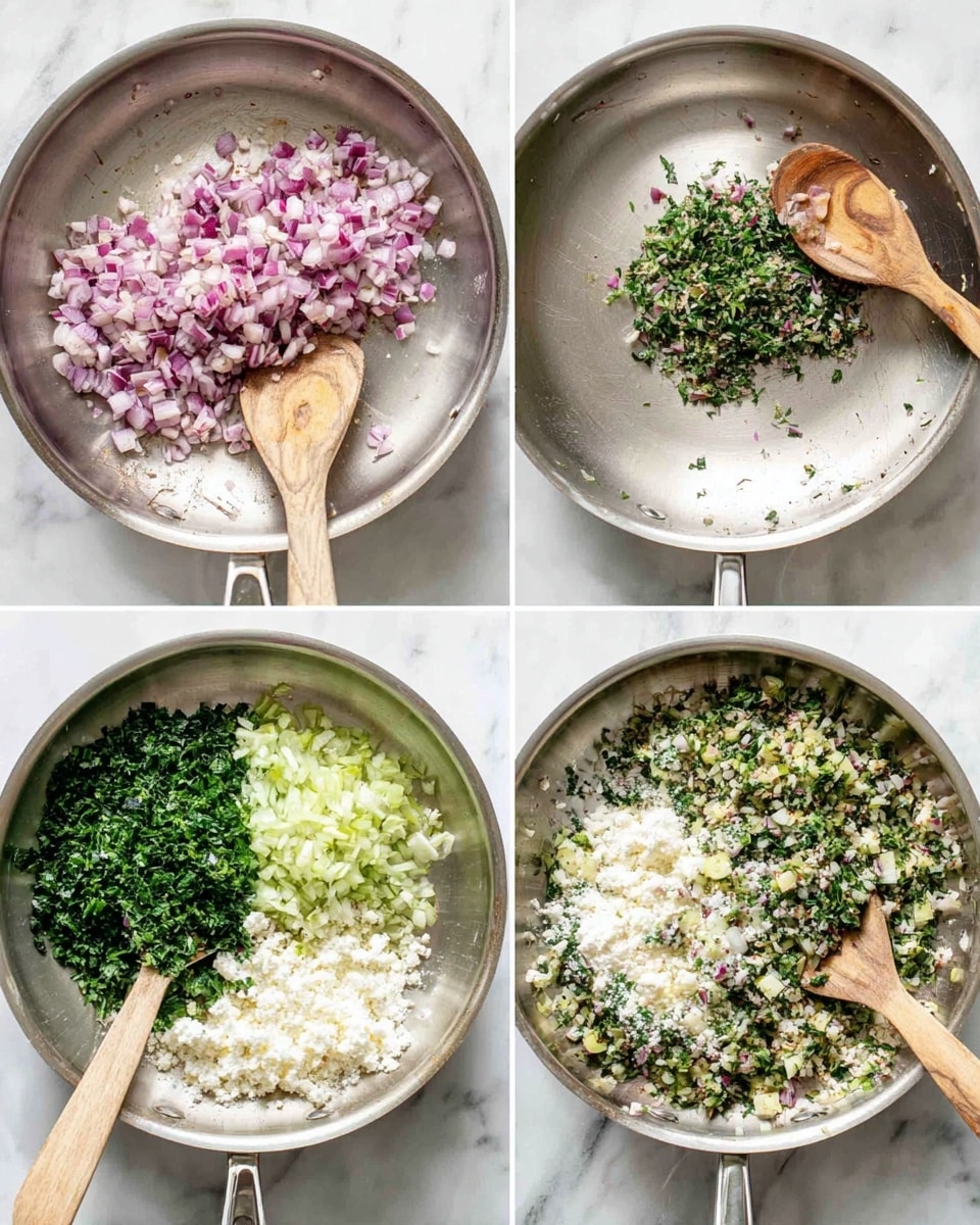 Four images show a step-by-step cooking process in a silver frying pan on a white marbled surface. In the first image, a wooden spoon stirs small purple and white pieces of chopped onion spread thinly in the pan. In the second image, the wooden spoon holds a small pile of finely chopped green herbs mixed with onions in the center of the pan. The third image shows multiple layers in the pan: a pile of finely chopped green leaves on the left, chopped light green stalks on the bottom left, a big heap of white crumbled cheese on the right, and a bit of chopped onion spread around, with the wooden spoon resting gently inside. The fourth image has the ingredients fully mixed, showing an even, textured green and white mix with bits of onion, all stirred with the wooden spoon. Photo taken with an iphone --ar 4:5 --v 7