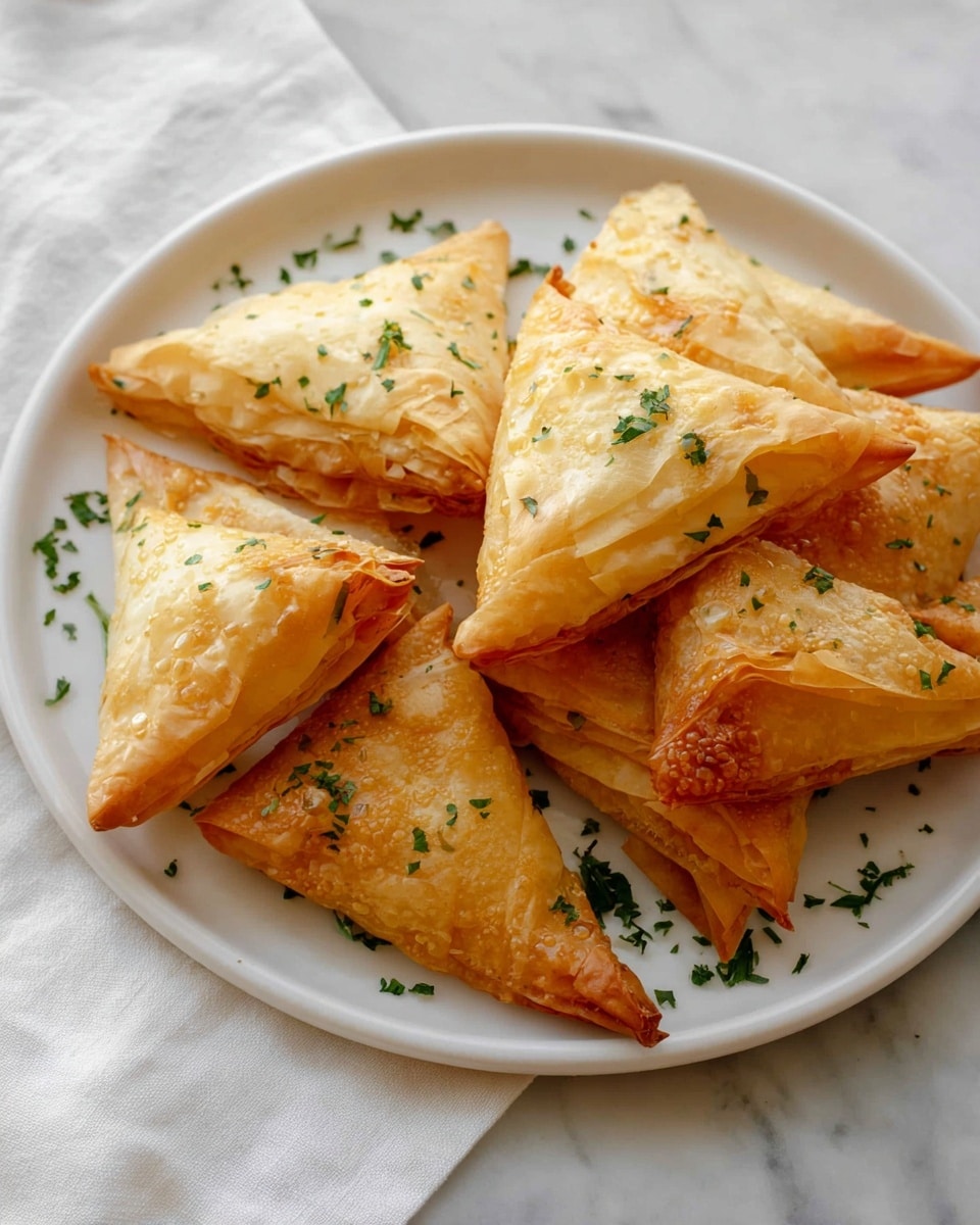 A white plate holds a pile of golden brown triangular pastries, each made from thin, flaky layers that appear crisp and slightly shiny. The edges are delicate and uneven, giving a light, airy texture to the pastries. Small flecks of chopped green herbs are scattered over the pastries and the plate, adding a fresh color contrast. The plate is set on a white marbled surface with a white cloth partially visible on the left side. photo taken with an iphone --ar 4:5 --v 7