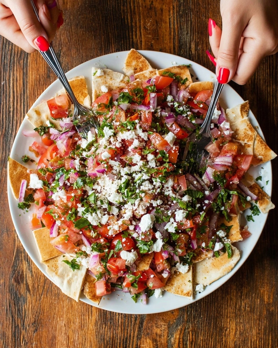 This dish is a colorful mix served on a large white plate placed on a white marbled surface. The bottom layer is made of toasted pita chips, light beige with some brown spots and a slightly rough texture. On top, there are fresh diced tomatoes that are bright red with a juicy texture scattered evenly. Thin slices of purple onion are spread across, showing smooth, translucent rings. Fresh green parsley leaves add a touch of vibrant color throughout. Finally, crumbled white cheese is sprinkled over all, creating a soft, grainy layer that covers the top. Photo taken with an iphone --ar 4:5 --v 7