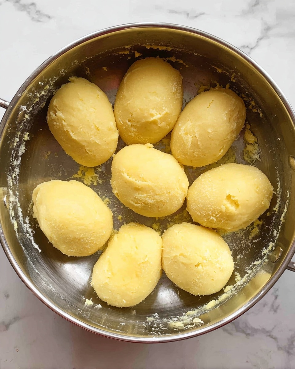 A stainless steel pan with eight yellow oval-shaped dough pieces inside, each with a soft and slightly rough texture. The pan shows some bits of dough stuck to its edges. The background is a white marbled surface visible under the pan. photo taken with an iphone --ar 4:5 --v 7