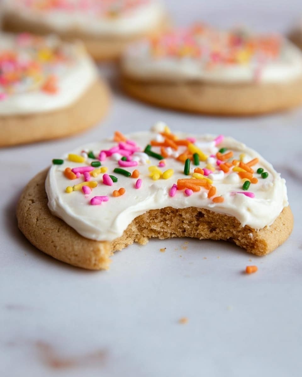 A round cookie with a light brown, slightly crumbly texture forms the bottom layer, with a bite taken out of its front side. On top, there is a smooth layer of white frosting spread evenly, topped with scattered colorful sprinkles in yellow, pink, orange, red, green, and white. The cookie is placed on a white marbled surface, and there are more similar cookies blurred in the background. photo taken with an iphone --ar 4:5 --v 7