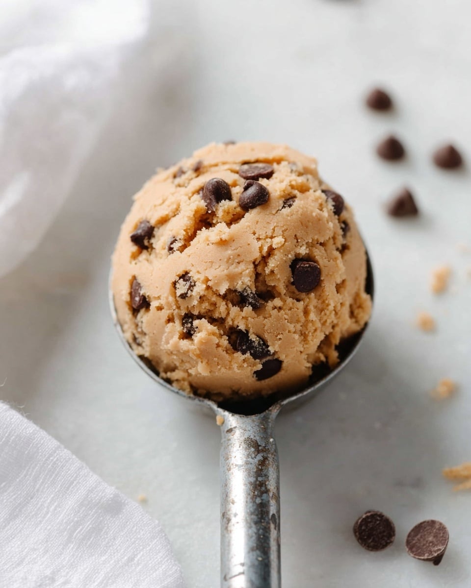 Five round scoops of light brown cookie dough with dark chocolate chips are placed on a sheet of clear parchment paper over a wooden board. The cookie dough has a rough texture with visible chunks of chocolate scattered throughout. Next to the dough scoops is a metal cookie scoop coated with the same dough, with some loose chocolate chips scattered around. The background shows a white marbled surface. Photo taken with an iphone --ar 4:5 --v 7