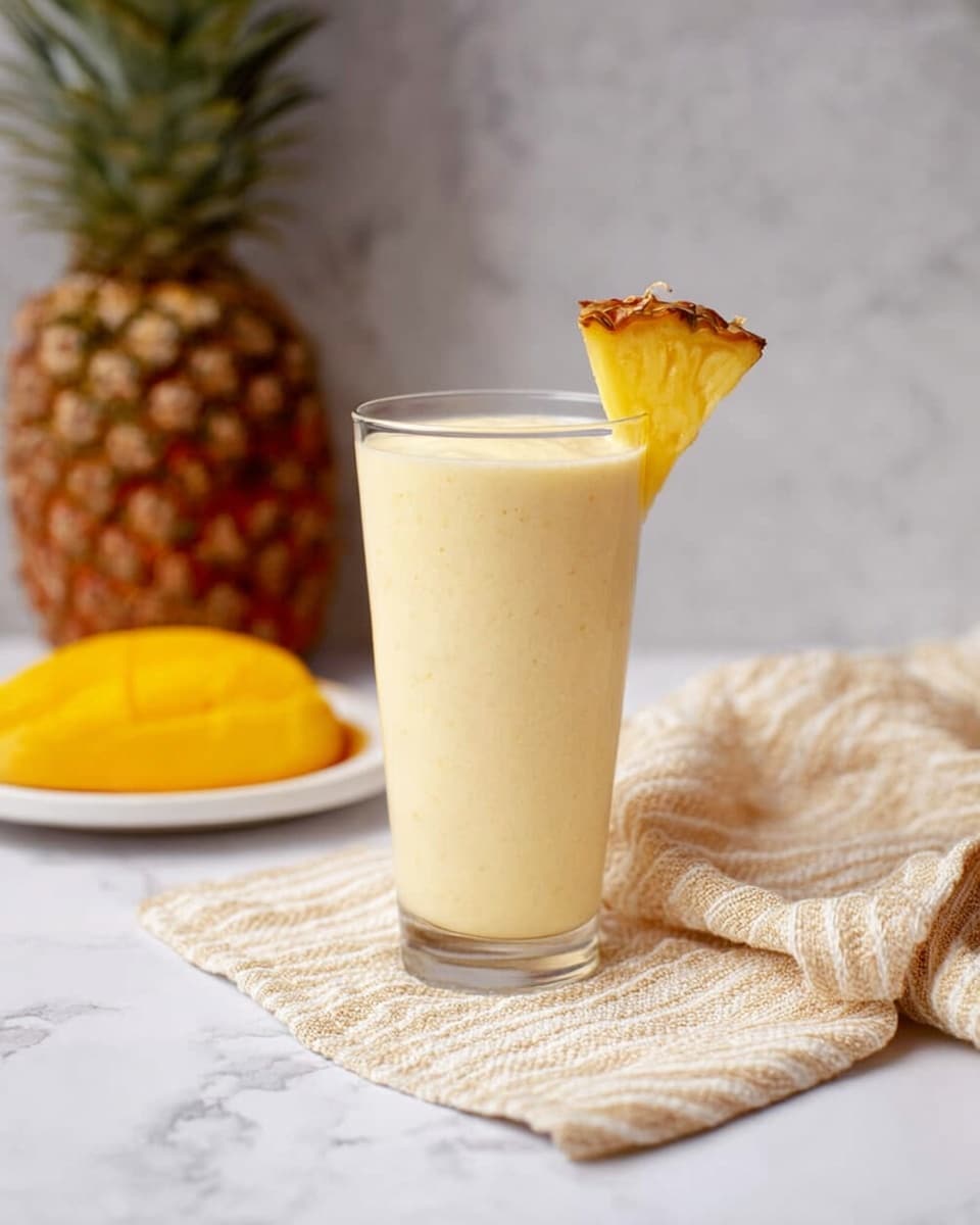 A tall clear glass filled with a creamy light yellow smoothie stands on a white marbled surface, garnished with a triangular slice of pineapple on the rim. In the background to the left, there is a whole pineapple on a white plate and a half-cut mango placed beside it. To the right, a textured beige and white striped cloth is casually folded on the same white marbled surface. photo taken with an iphone --ar 4:5 --v 7