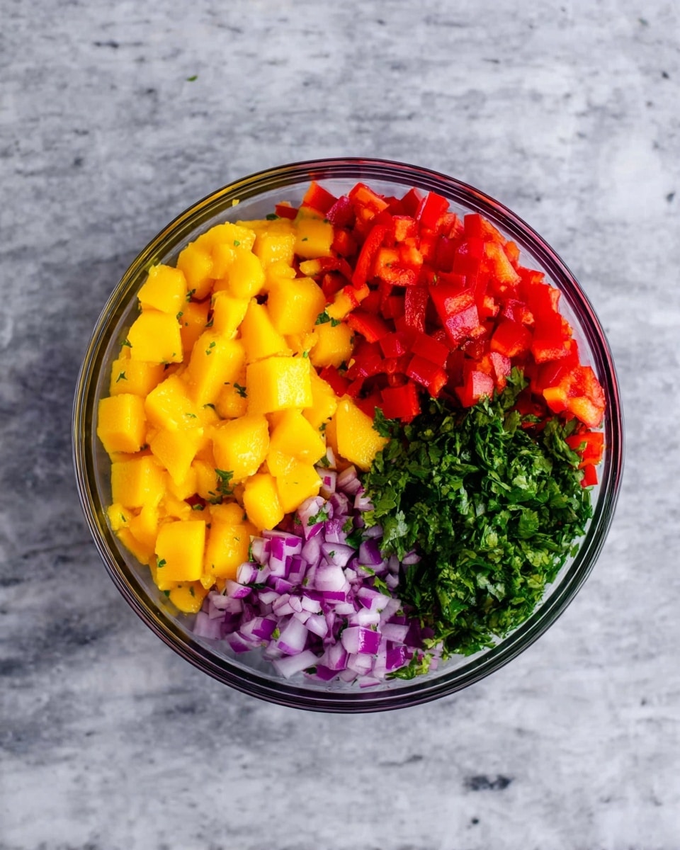 A round bowl contains four colorful layers of chopped ingredients arranged side by side. One layer consists of bright yellow mango cubes at the top left, next to bright red diced bell peppers on the top right. At the bottom right, there are small pieces of purple onion, while the bottom left holds finely chopped green herbs. The bowl sits on a white marbled surface. Photo taken with an iphone --ar 4:5 --v 7