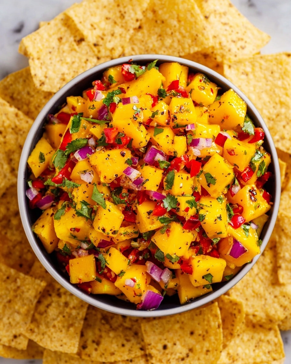 A bowl full of fresh mango salsa, showing three main layers: large yellow mango cubes, small red bell pepper pieces, and finely chopped purple onion mixed evenly with green chopped herbs. The salsa looks juicy and colorful inside a white bowl with a silver spoon resting in it on the right side. Around the bowl, there are scattered tortilla chips and a small white bowl with extra green herbs. Everything is placed on a white marbled surface with a white cloth at the bottom right corner. photo taken with an iphone --ar 4:5 --v 7