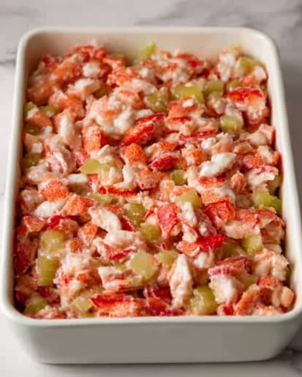 The image shows a white rectangular dish filled with a layered crab salad. The first layer consists of light green celery pieces spread evenly across the bottom. On top of that is a layer of crab meat chunks, white with pinkish-red edges, covering the celery completely. The crab meat has a soft, flaky texture. The dish is placed on a white marbled surface. Photo taken with an iphone --ar 4:5 --v 7