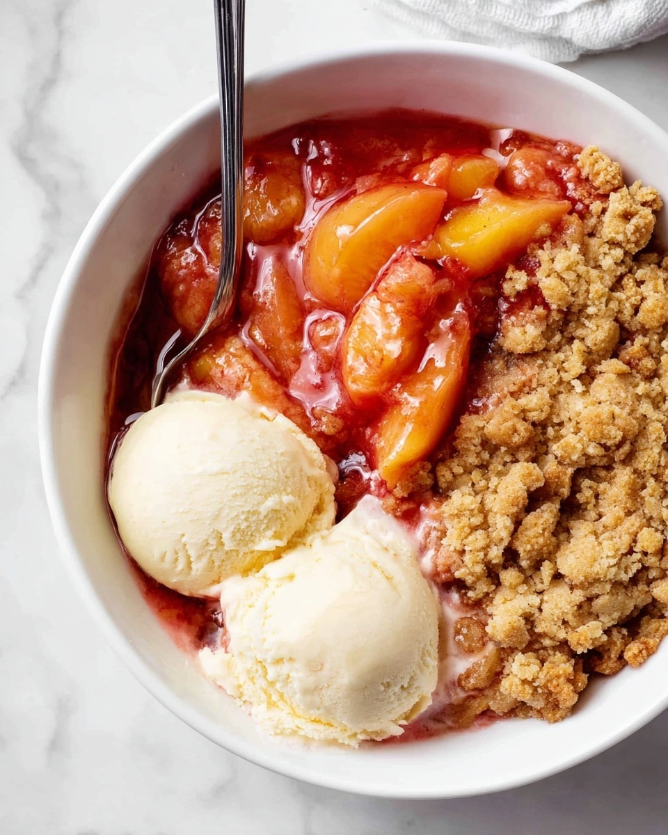 The image shows a white rectangular dish filled with a baked fruit crumble. The bottom layer is a soft, red and orange cooked fruit filling with a syrupy texture, partly visible where a scoop has been removed from the top left corner. The top layer consists of a golden-brown, crumbly streusel with uneven clusters, covering most of the fruit below. Two small, round scoops of pale, creamy ice cream sit on top near the center. The dish is placed on a white marbled surface with a gray, textured cloth draped nearby. A tarnished silver spoon lies on the surface to the left of the dish. Photo taken with an iphone --ar 4:5 --v 7