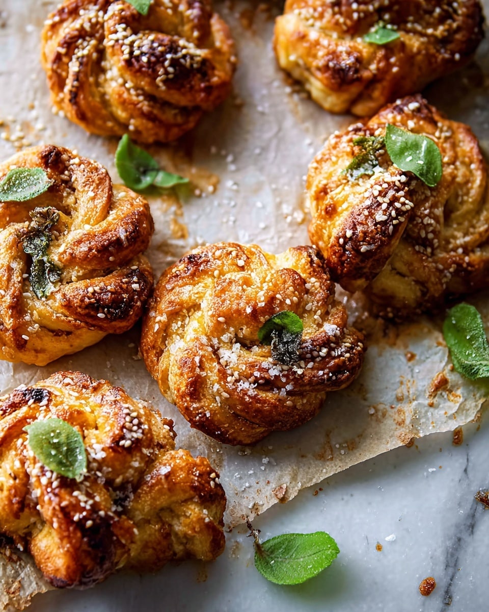 A group of twisted, golden-brown baked pastries covered in white sesame seeds sits on parchment paper over a white marbled surface. Each pastry shows multiple rough, uneven layers with a slightly shiny, crisp crust and darker browned spots. Small green herb leaves are placed sporadically on and around the pastries, adding a fresh contrast. Crumbs and some granulated salt are sprinkled lightly over and near the pastries. Bright natural light highlights the texture and colors of the baked goods. photo taken with an iphone --ar 4:5 --v 7