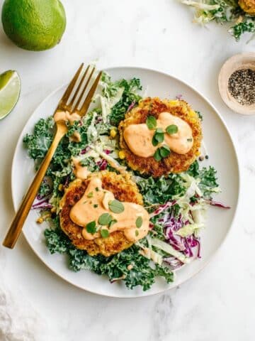 Crispy Chickpea Corn Patties with Chipotle Aioli and Kale Slaw Recipe