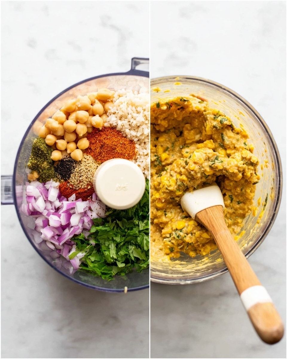 The image shows two side-by-side photos on a white marbled surface. On the left, a food processor bowl contains layers of ingredients: a bottom layer of chickpeas, topped with coffee-colored cooked rice, bright green cilantro leaves, red and black spices sprinkled in a cluster, and quartered pieces of purple onion arranged on one side. On the right, a clear glass bowl holds a thick yellowish mixture with visible small bits of corn and herbs, being stirred by a wooden spoon with a white silicone head. The texture of the mix looks coarse and well combined. photo taken with an iphone --ar 4:5 --v 7
