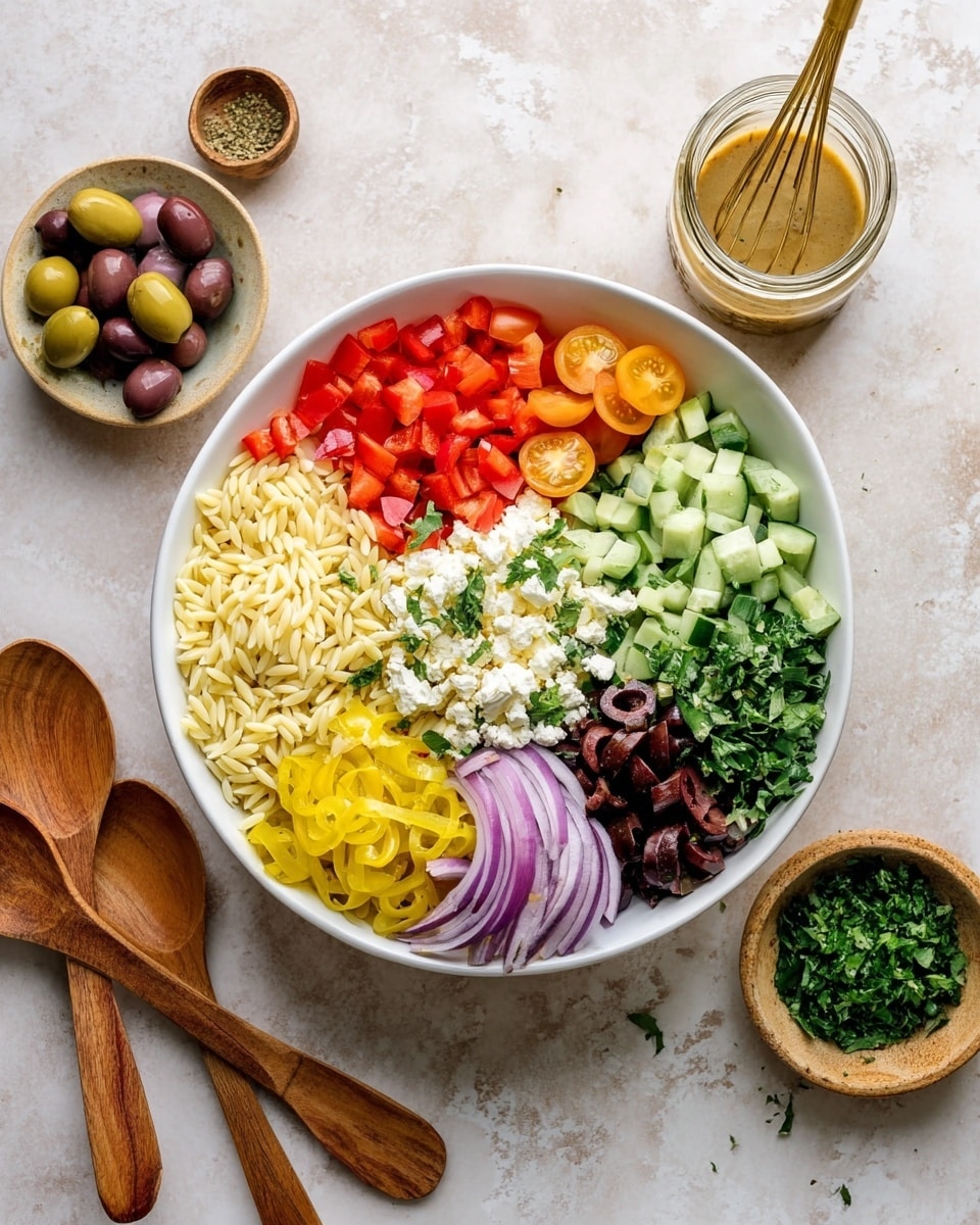 A large white bowl filled with a colorful salad arranged in neat sections, starting with pale yellow orzo pasta on the left, bright red diced bell peppers above it, pale green chopped cucumbers at the top right, and a mix of halved yellow and red cherry tomatoes to the right. In the center are dark sliced red onions, black and green sliced olives near the bottom, yellow sliced banana peppers below the olives, and fresh bright green chopped herbs scattered around, with a pile of white crumbled cheese near the center right. Next to the bowl, there is a glass jar with light brown dressing and a small gold whisk inside, two wooden salad spoons on the left, and small bowls with olives and greens are on the white marbled surface around the main dish. photo taken with an iphone --ar 4:5 --v 7
