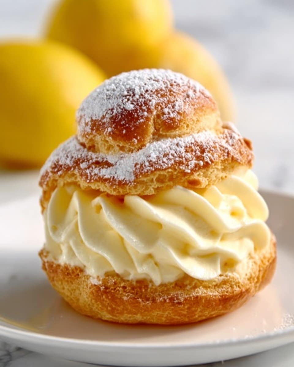 The image shows a cream puff dessert on a white plate placed on a white marbled surface. The cream puff has two layers: the bottom layer is a round, golden-brown puff pastry with a slightly shiny texture, and the top layer is a smaller round golden puff pastry sitting slightly tilted on the cream. Between these layers is a thick, smooth, light yellow cream, piped in large swirls with soft, wavy edges. A light dusting of powdered sugar is sprinkled over the top puff. The background is softly blurred yellow lemons, adding a fresh look. Photo taken with an iphone --ar 4:5 --v 7