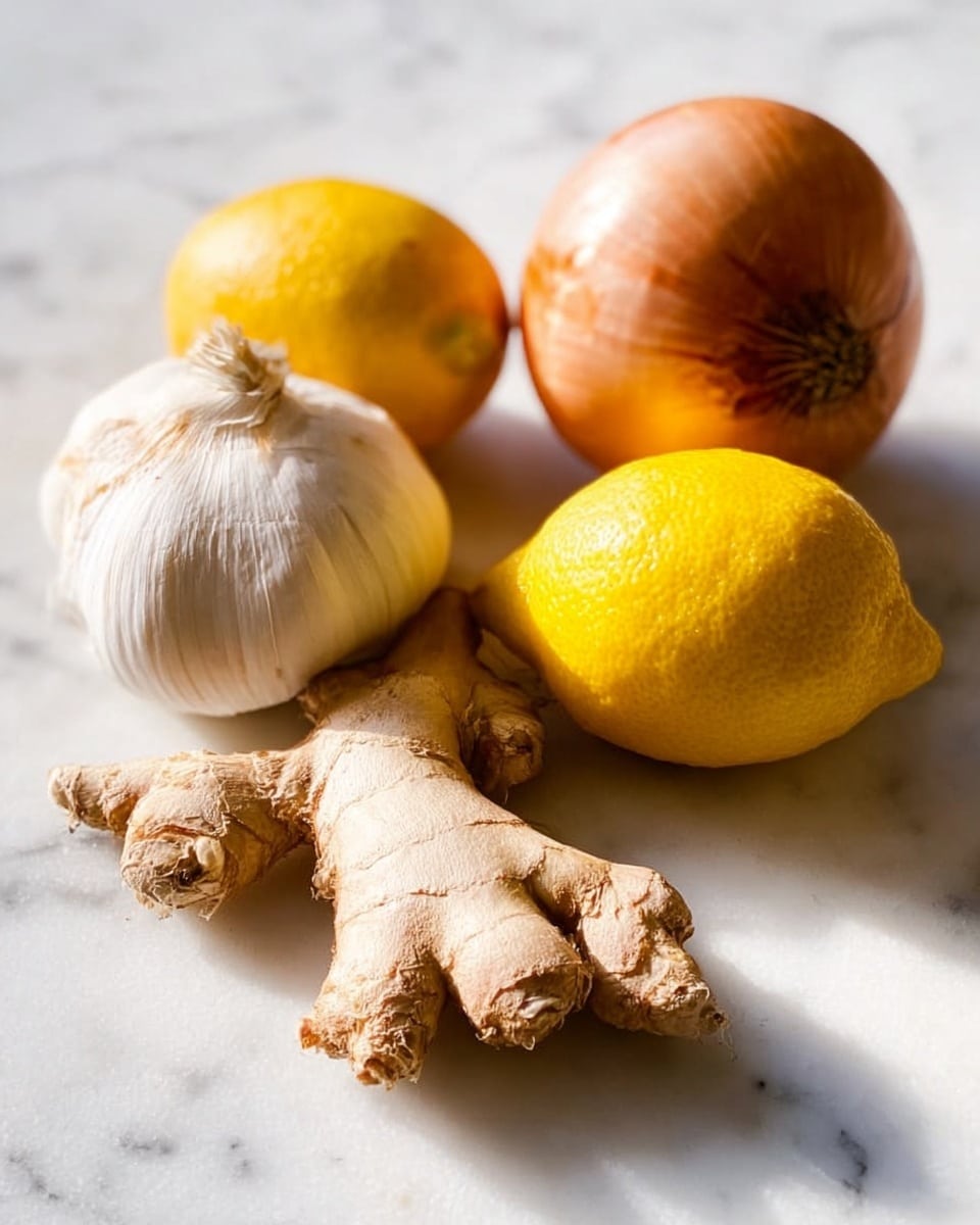 A close-up view of four whole ingredients placed on a white marbled surface: a light brown onion with a rough dry skin on the top right, two bright yellow lemons positioned side by side near the center, a cream-colored garlic bulb with a rough base on the left, and a piece of pale beige ginger root with a knobby texture in the front center. The light highlights the textures and natural shapes clearly. Photo taken with an iphone --ar 4:5 --v 7