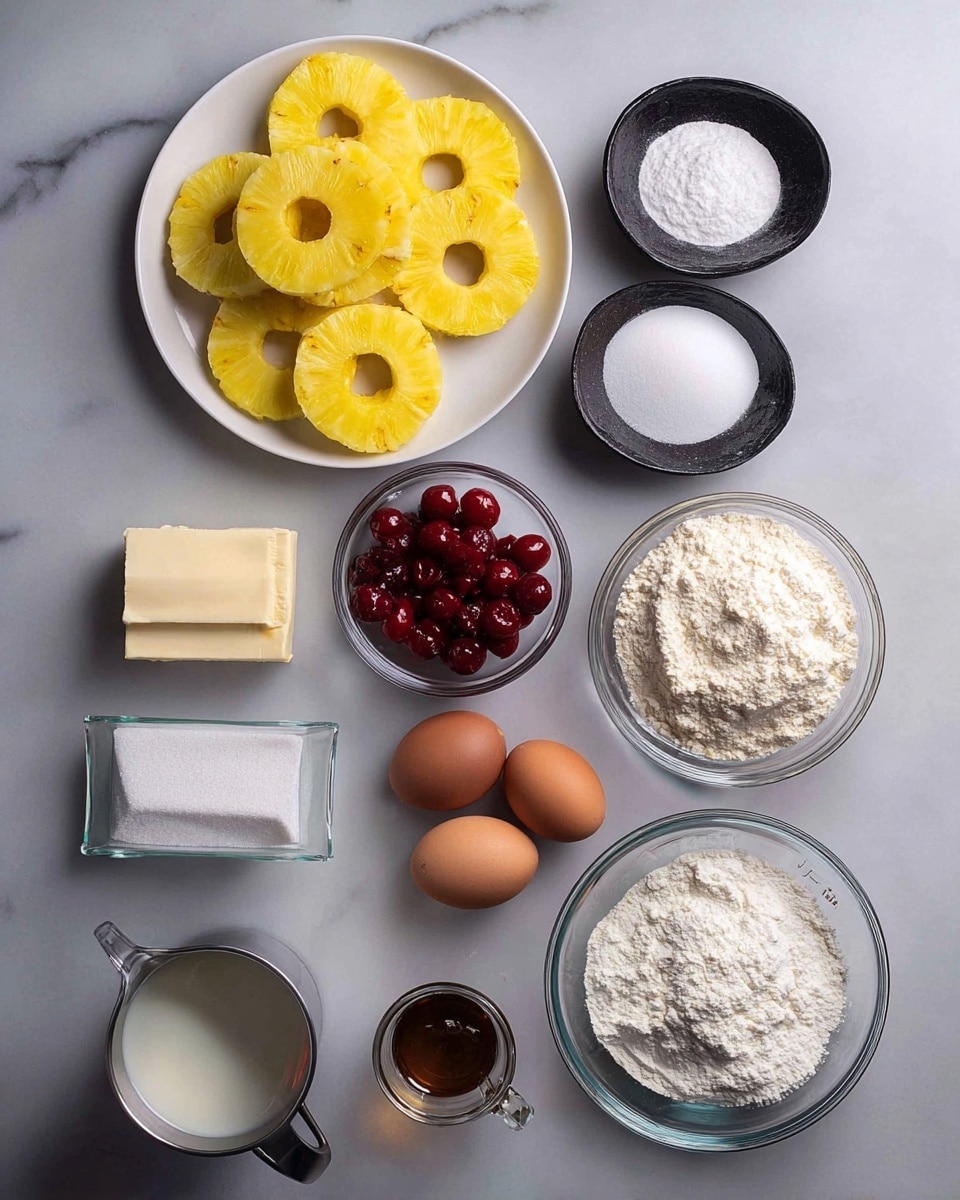 The image shows several cooking ingredients neatly arranged on a white marbled surface. At the top left is a white plate filled with bright yellow pineapple rings, arranged in a slightly overlapping circle. To the right, there are two small black bowls, one holding white powder and the other containing white granules. Below these, a clear glass bowl holds a heap of white flour. Nearby, a stick of butter wrapped in white paper and a small rectangular block of butter are placed side by side. Next to them is a small glass bowl with red cherries. Below, there is a clear bowl with two brown eggs, a small metal cup with a dark liquid, a glass measuring cup filled with milk, a small bowl of light brown sugar, a glass container with a clear liquid, and a bowl filled with white granulated sugar. The clean layout and bright natural light create a fresh look. Photo taken with an iphone --ar 4:5 --v 7