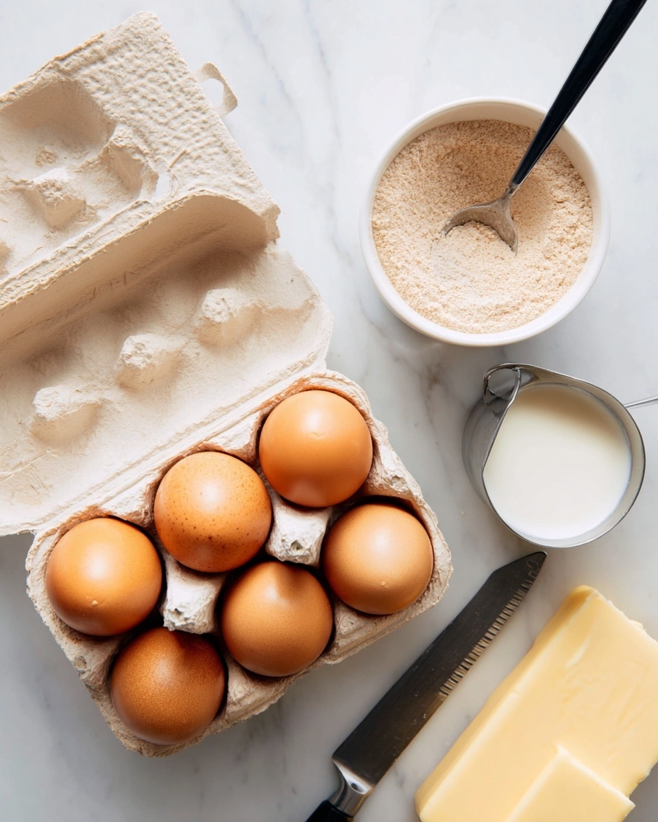 A top view of six brown eggs in a beige carton placed on a white marbled surface on the left side, with a white bowl filled with light brown powder and a black spoon inside it above the eggs, a small metal measuring cup with white milk to the right of the bowl and eggs, and a partially unwrapped stick of pale yellow butter beside a knife at the bottom right corner; all elements are clear and softly lit. photo taken with an iphone --ar 4:5 --v 7