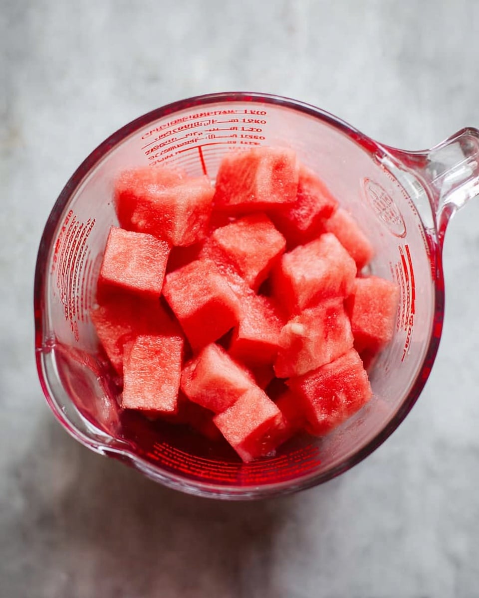 The image shows a clear measuring cup filled with bright red and pink watermelon cubes. The cubes are roughly the same size, stacked inside the cup which has red measurement markings on the side. The measuring cup sits on a white marbled surface, and the light highlights the juicy texture of the watermelon pieces. The photo is taken from above showing the full contents of the cup photo taken with an iphone --ar 4:5 --v 7