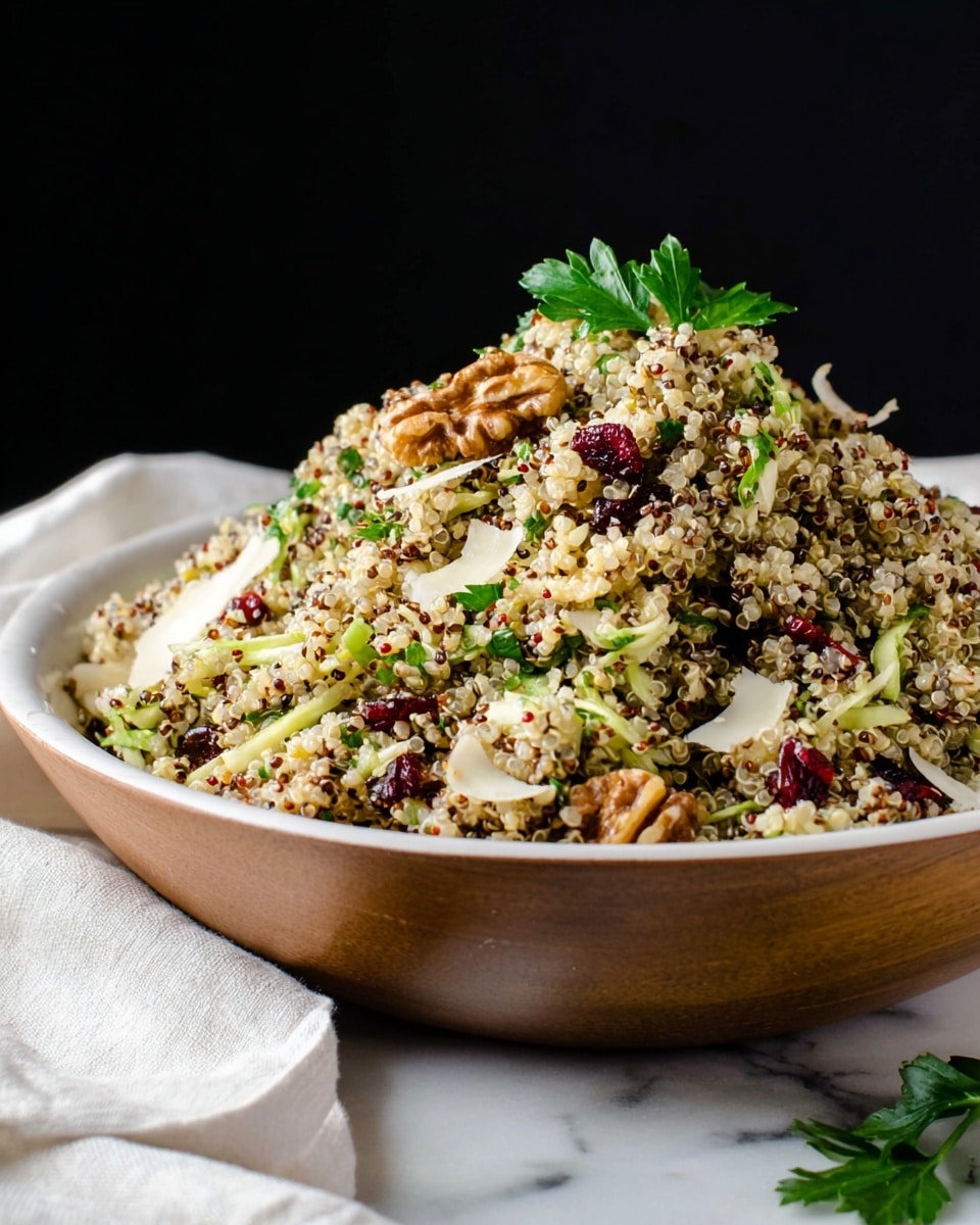 A wooden bowl filled with a colorful quinoa salad layered with light green shredded lettuce, white cheese shreds, and whole brown walnuts sits on a white marbled surface. The salad also includes small dark red dried cranberries scattered throughout and fresh bright green parsley leaves on top as garnish. The texture is mix of grainy quinoa, crunchy nuts, and leafy green. Photo taken with an iphone --ar 4:5 --v 7