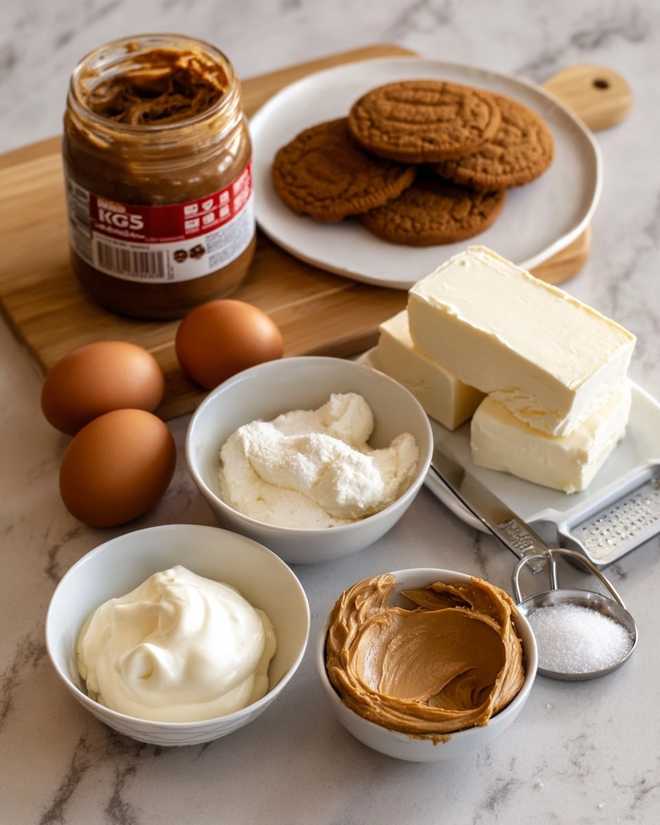 The image shows ingredients arranged on a white marbled surface. In the back, a wooden board holds a jar of brown Biscoff spread and a white plate with round Biscoff cookies. To the right of the board, a stack of three thick, white cream cheese blocks sits directly on the surface. In the front, there are two brown eggs, a white bowl with light brown soft sugar in it, and another white bowl with smooth, light brown Biscoff spread. Also placed on the surface is a white bowl with a dollop of white sour cream or yogurt. Near it lies a silver measuring spoon with a pinch of white salt inside. All items are clearly separated and well lit, photo taken with an iphone --ar 4:5 --v 7