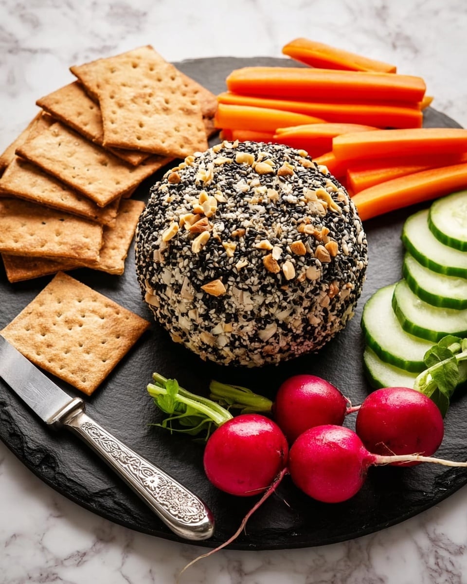 A round cheese ball covered in a thick layer of mixed black and white sesame seeds and crunchy bits, with green chive pieces sprinkled on top. The inside reveals a creamy, soft, slightly orange and white cheese filling with small pieces of herbs and possibly shrimp mixed in. The cheese ball sits on a black slate plate with a silver spreading knife resting in front, and a few extra chives scattered nearby on a white marbled surface. Photo taken with an iphone --ar 4:5 --v 7