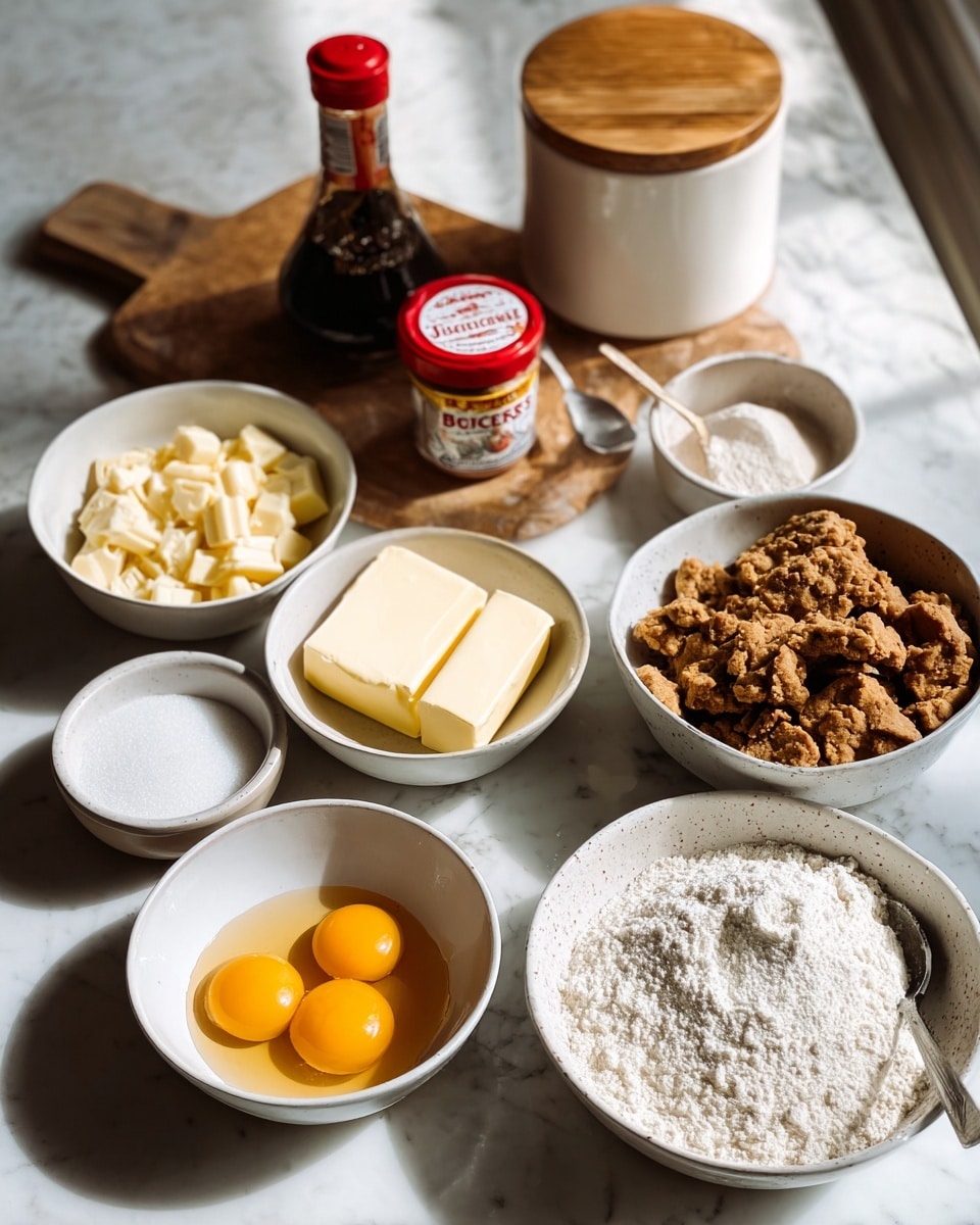 A group of bowls and containers with baking ingredients are arranged on a white marbled surface. In the front row, there are two white bowls, one holding three raw eggs with bright yellow yolks, and the other filled with white sugar. Next to them is a small bowl with two thick slabs of butter in pale yellow. Behind these, a white bowl contains finely chopped white chocolate pieces with a creamy texture. To the right and back, there is a white bowl full of crumbled brown cookies or biscuits with a rough texture. Next to it, a bottle of vanilla extract with a dark brown liquid and a red jar of Biscoff spread are visible. A speckled white bowl filled with a white powdery ingredient, likely flour, stands beside a white container with a wooden lid, a small spoon inside, and a wooden cutting board at the back. All items are set neatly with warm, natural light shining from the right side, creating soft shadows. Photo taken with an iphone --ar 4:5 --v 7