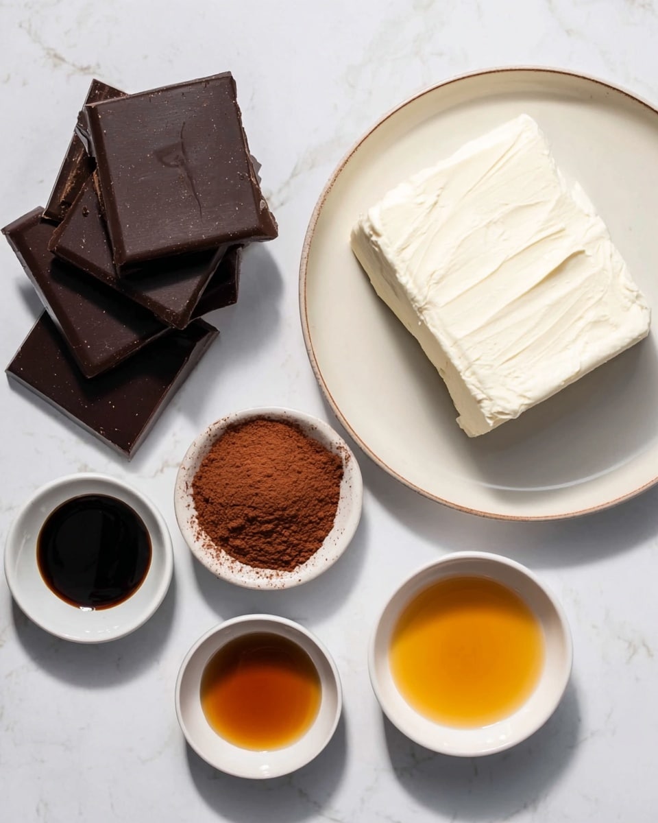 The image shows various ingredients for a recipe spread on a white marbled surface. In the top right corner, there is a white plate holding a block of white cream cheese with a soft texture. To the left of the plate, dark brown squares of chocolate are stacked. Below the chocolate, a small white bowl holds brown cocoa powder. Next to that bowl, another small white bowl contains a dark amber liquid, likely vanilla extract. At the bottom right corner right of the vanilla, there is a small white bowl with a golden liquid, which looks like honey. Each item is clearly visible and well-spaced. Photo taken with an iphone --ar 4:5 --v 7