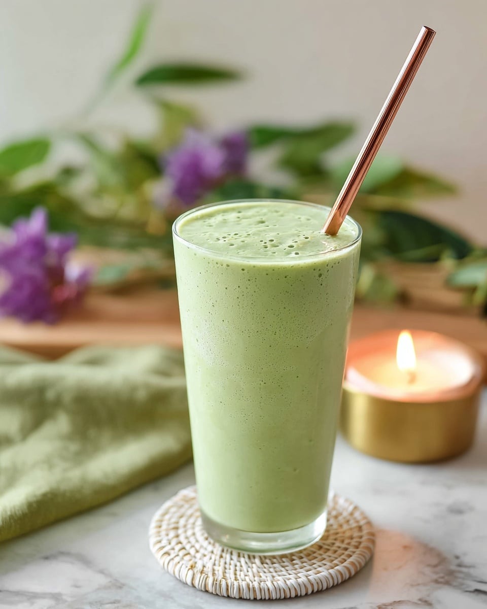 A tall clear glass filled with a light green smoothie that has a frothy top layer filled with tiny bubbles, and a copper-colored metal straw sticking straight out from the middle; the glass is set on a round woven white coaster. Behind the glass, there is a blurred green cloth and a lit candle in a gold holder, sitting on a white marbled surface with some green leaves and a purple flower softly visible in the background. Photo taken with an iphone --ar 4:5 --v 7