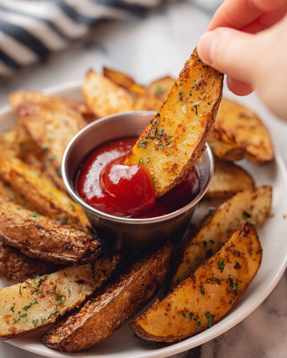 A close-up image showing a woman's hand holding a single golden-brown potato wedge dipped into bright red ketchup inside a small metal cup. The white plate underneath is filled with many seasoned potato wedges, showing rough, crispy skins with green herb sprinkles. The background is a white marbled surface with blurred textures. Photo taken with an iphone --ar 4:5 --v 7