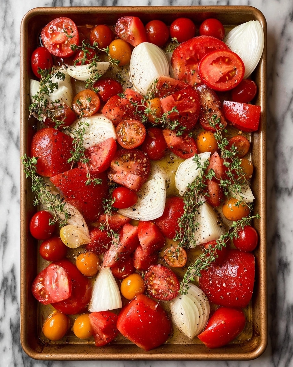 A tray filled with a mix of cut tomatoes in various sizes and colors, including large red tomato pieces and small red and orange cherry tomatoes, scattered evenly across the tray. White onion wedges are interspersed among the tomatoes, along with a few whole garlic cloves. Sprigs of green herbs, possibly thyme and oregano, are placed on top, adding a touch of green. The vegetables are sprinkled with black pepper and a light drizzle of oil, all set on a white marbled textured surface. photo taken with an iphone --ar 4:5 --v 7