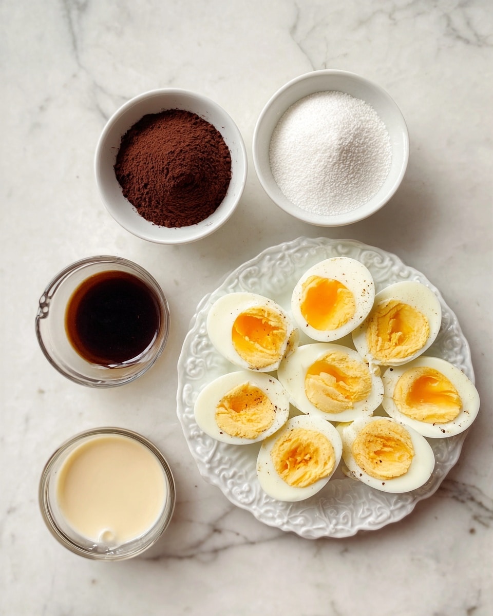 The image shows five small white bowls on a white marbled surface. The first bowl at the top left is filled with dark brown cocoa powder, the bowl next to it on the right contains white powdered sugar, and below those on the left is a bowl with a light beige creamy liquid. To the left of a small glass of dark brown vanilla extract at the bottom is an intricately designed white plate holding nine hard-boiled eggs cut in half, arranged in a circle with the yolks facing up. The yolks are a rich golden yellow with slight variations in texture, and the whites are smooth and bright. The photo was taken with an iphone --ar 4:5 --v 7