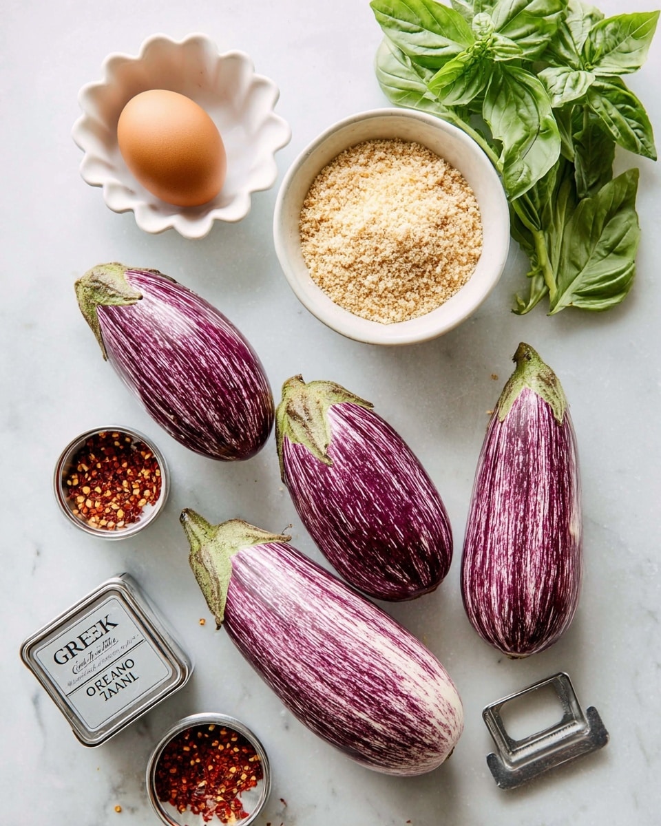 The image shows four striped purple and white eggplants placed on a white marbled surface, along with a small white bowl filled with light golden breadcrumbs positioned on the right side. Above the bowl is a small bunch of fresh green basil leaves. To the left, there is a scalloped small white bowl holding one brown egg. In the lower-left corner, there are two small silver tins, one labeled