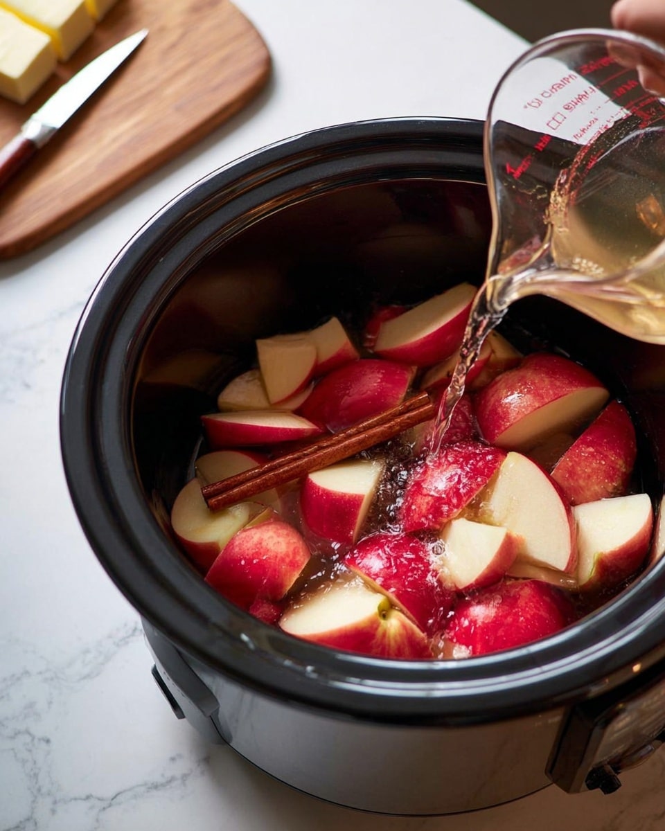 Inside a black electric cooker filled with large red apple slices, each showing a mix of bright red and creamy white flesh, there are also a few brown cinnamon sticks placed on top. A clear liquid is being poured from a glass measuring cup into the cooker, adding a shiny wet look to the apple pieces. The cooker sits on a white marbled surface, and to the left, there is a wooden cutting board with a small stick of butter and a knife with a wooden handle resting on it. photo taken with an iphone --ar 4:5 --v 7