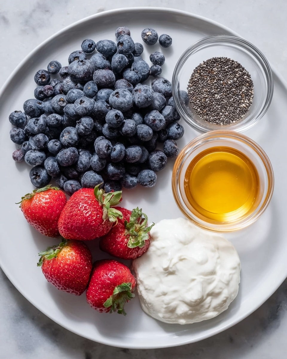 The image shows a white plate on a white marbled surface holding fresh ingredients arranged in a neat layout. At the top half of the plate, there is a large pile of small, dark blue blueberries with a frosted look. On the left side of the plate, a small group of bright red strawberries with green tops are placed, looking fresh and whole. Towards the bottom right, there are three clear glass bowls: the top bowl holds golden honey, the middle bowl has small black chia seeds, and the bottom bowl contains thick white yogurt with a creamy texture. The whole scene looks clean and simple with natural colors. photo taken with an iphone --ar 4:5 --v 7