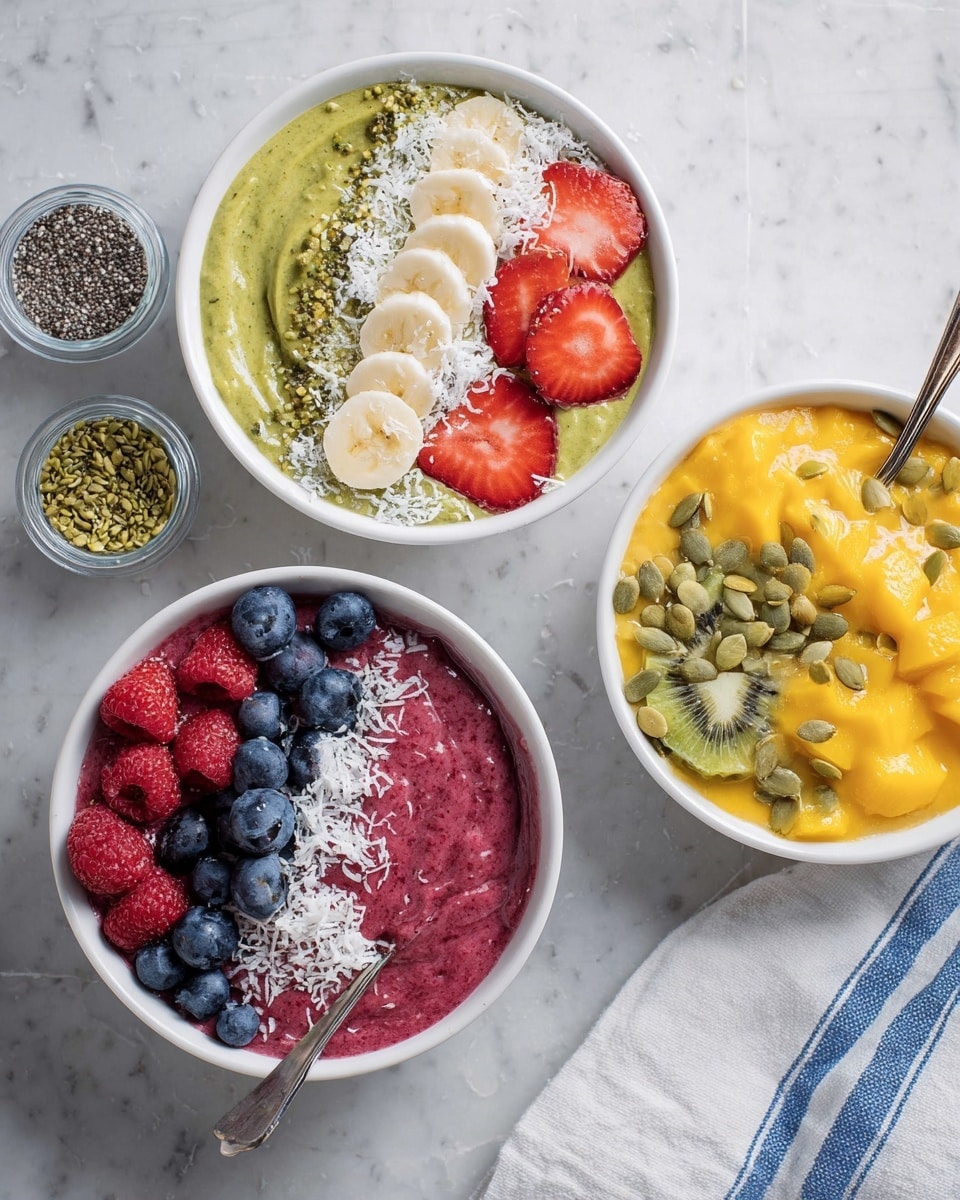 The image shows three white bowls on a white marbled surface, each filled with different smoothie bowls topped with fresh fruit and seeds. The bottom white bowl has a thick, dark pink smoothie as the base, topped with fresh blueberries and raspberries mostly on one side, and half-cut strawberries, with hemp seeds sprinkled around. The top left white bowl contains a creamy green smoothie, topped with sliced bananas arranged in a line, halved strawberries, white shredded coconut, and pumpkin seeds scattered over the surface. The top right white bowl holds a bright yellow smoothie base, topped with kiwi slices, mango chunks, and pumpkin seeds, with a silver spoon resting inside the bowl. Two small clear glass containers with seeds sit between the bowls and to the left. To the right side of the scene, a folded white cloth with blue stripes lies on the marbled surface. Photo taken with an iphone --ar 4:5 --v 7